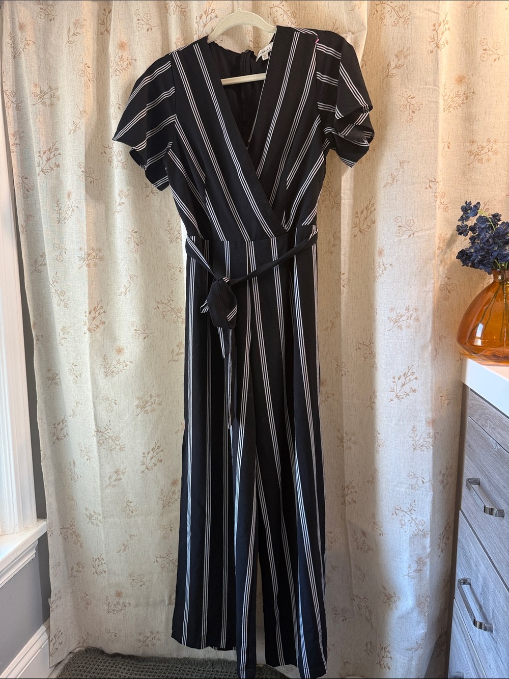 Black Striped Wrap Jumpsuit with Self-Tie Belt